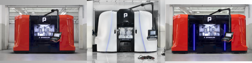 Front view of three PORTACENTER models — PRO, EVO, and HYPER — showcasing different designs and technological evolutions of the multi-spindle machining center.